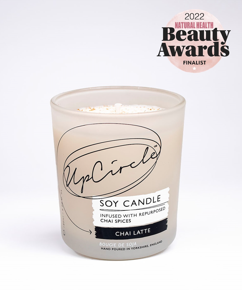 Upcircle Beauty Chai Latte Soy Candle. Award Winning candles. The candle is shown with the 2022 Women's Health Beauty Awards finalist logo.