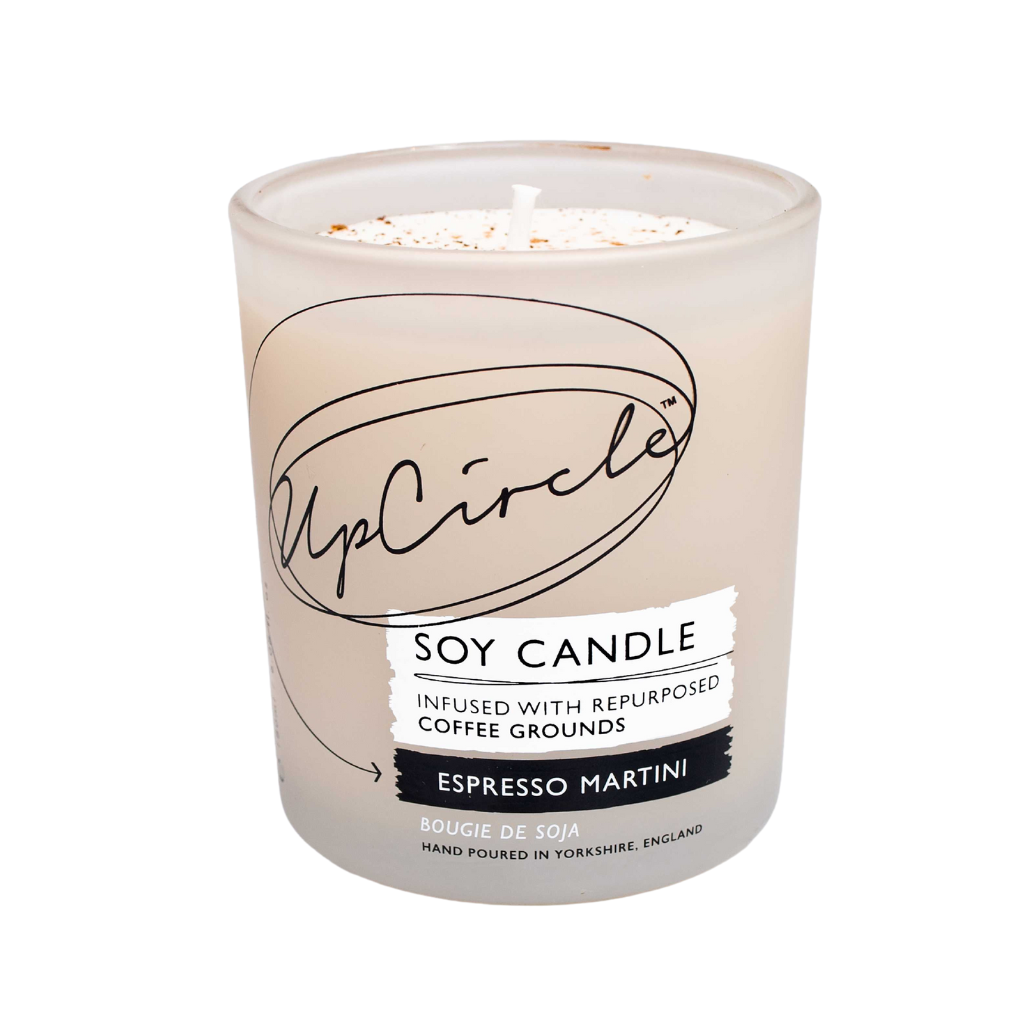UpCircle Espresso Martini Soy Candle. Sustainable candle. The candle is shown in a branded frosted glass jar.