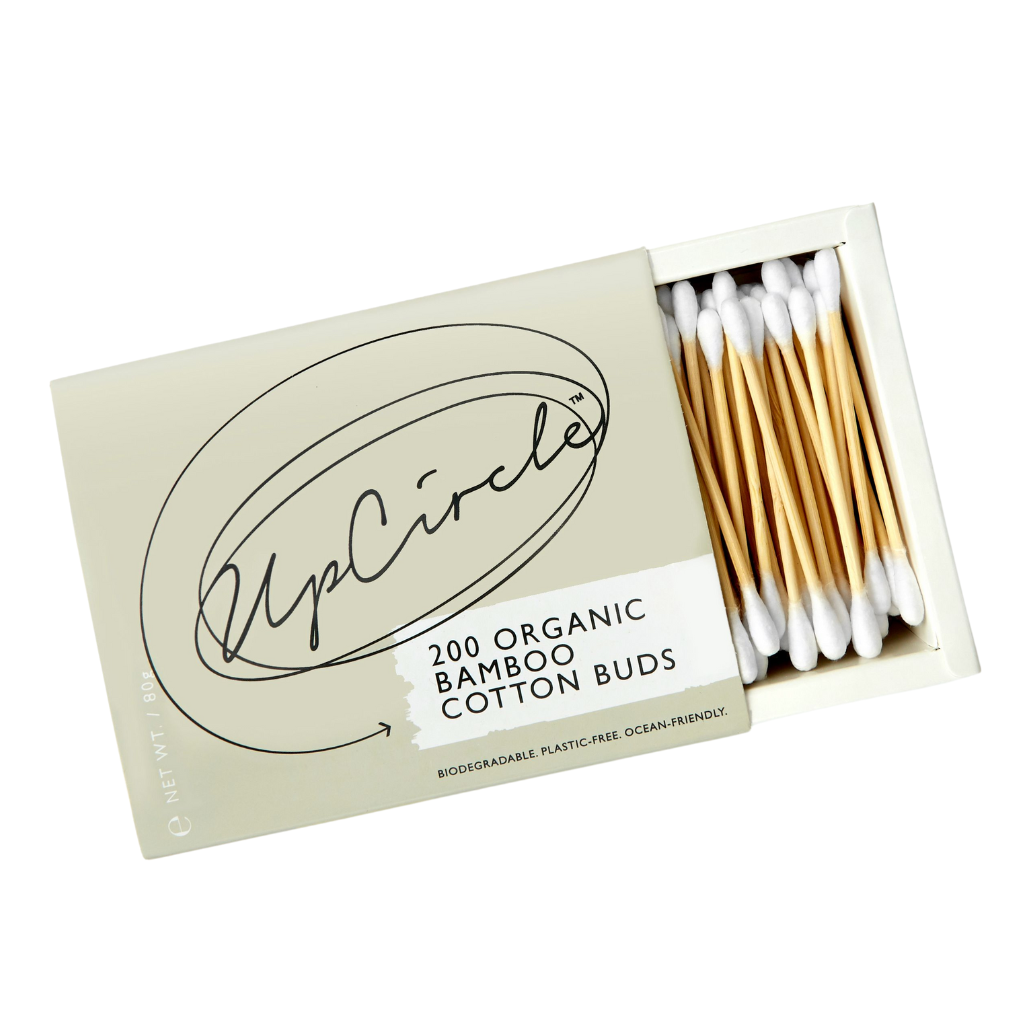 Upcircle Organic Bamboo Cotton Buds. Plastic free buds. The box of 200 is shown slid open with some of the buds showing.