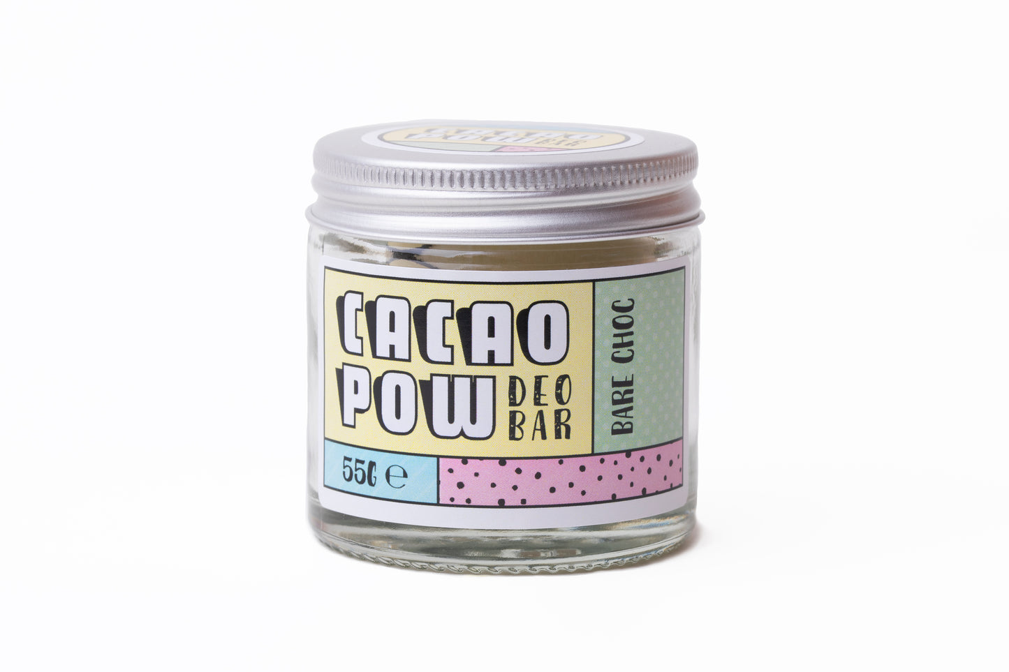 Photo of Cacao Pow natural deodorant bar in glass jar with aluminium lid and colourful label displaying product name. Smaller size.