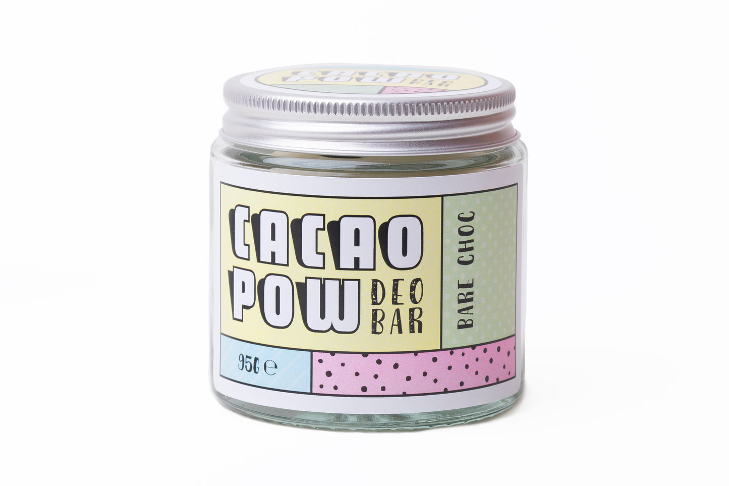 Photo of Cacao Pow natural deodorant bar in glass jar with aluminium lid and colourful label displaying product name. Larger size
