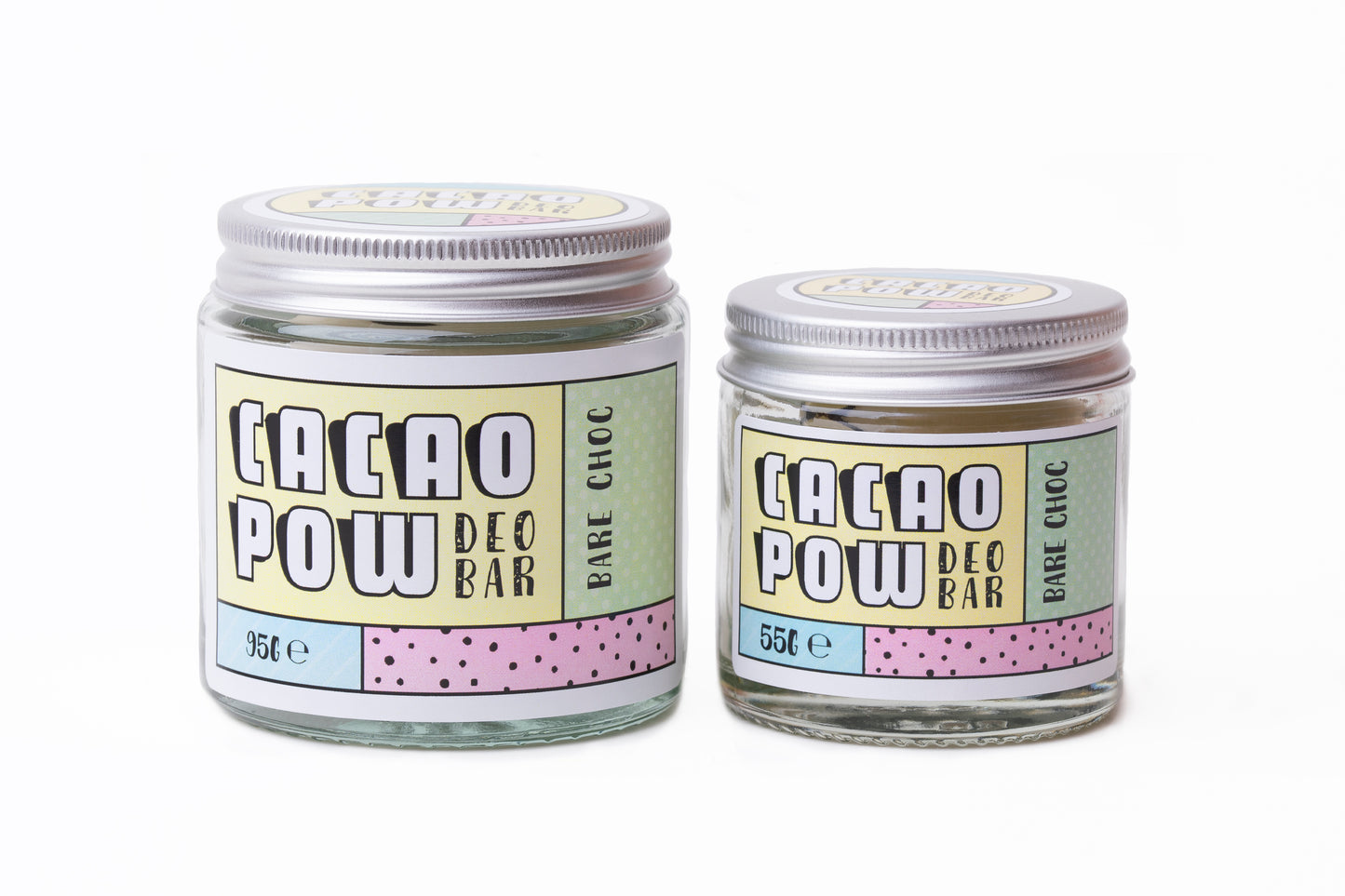 Photo of two Cacao Pow natural deodorant glass jars displaying the two different sizes
