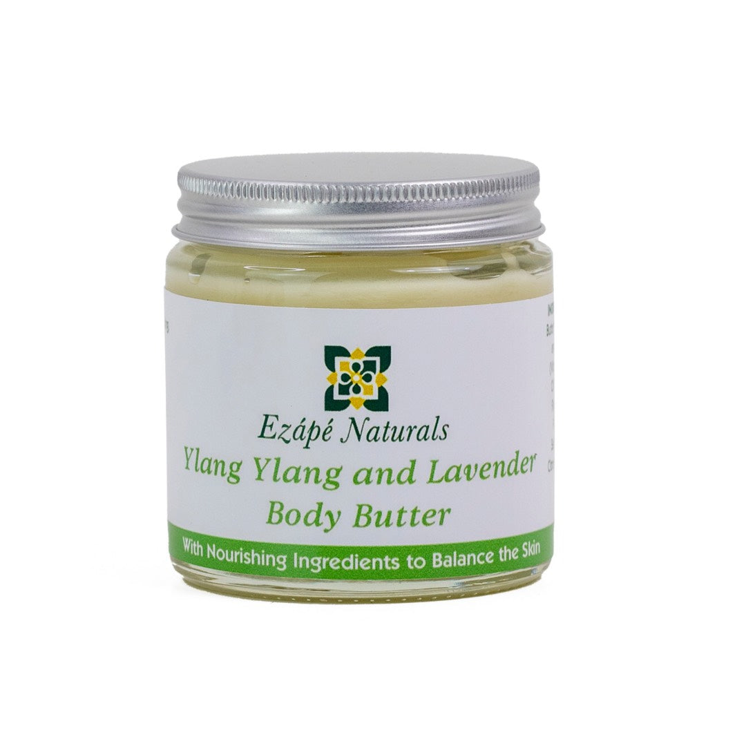 Ezape Naturals Ylang Ylang and Lavender Body Butter in small size. Vegan bodycare.